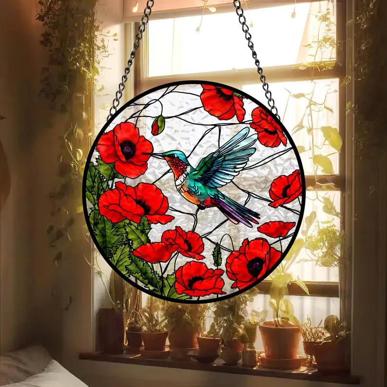 Hummingbird Poppy Flower Stain Glass Suncatcher, Poppy Suncatcher, Christmas Gift, Window Suncatcher, Unique Suncatcher, Love Hummingbird