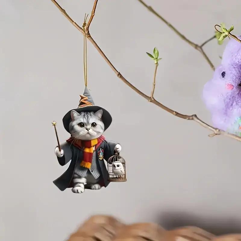 Wizard Cat Hanging Ornament, 1 Count Cute Cat Pendant Decoration with Broom, Fantasy Broom Flying Cat Pendant Decoration for Car and Home Interiors