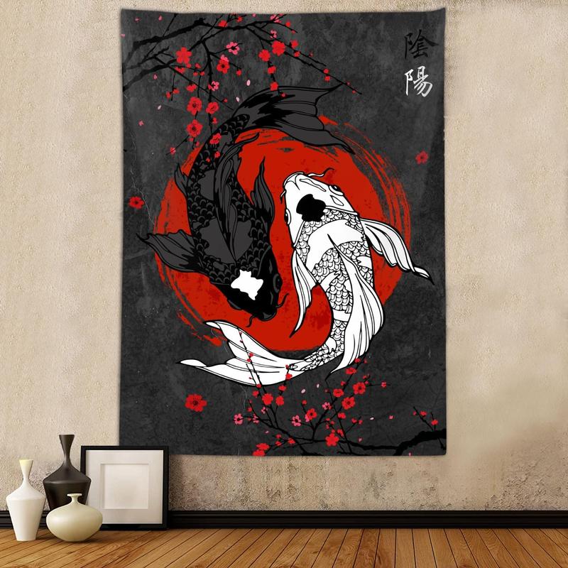 Japanese Yin Yang Koi Fish Tapestry, Cool Red and Black Anime Sakura Art Tapestries Vertical Wall Hanging for Men Bedroom Living Room Office Decor