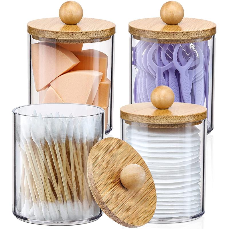 4 Pack Qtip Holder Dispenser with Bamboo Lids - 10 Oz Clear Plastic Apothecary Jar Containers for Vanity Makeup Organizer Storage - Bathroom Accessories Set for Cotton Swab, Ball, Pads, Floss VITEVER