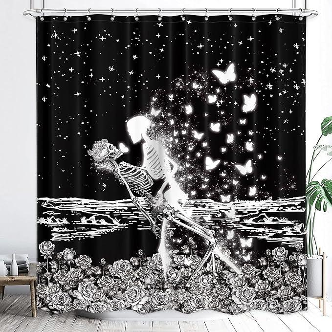 Skull Skeleton Lovers Shower Curtain 60Wx71H Inch Gothic Black White Sugar Spooky Halloween Shower Curtain Bathroom Set Abstract Butterfly Rose Floral Bathtub Accessoriess Decor for Men Woman