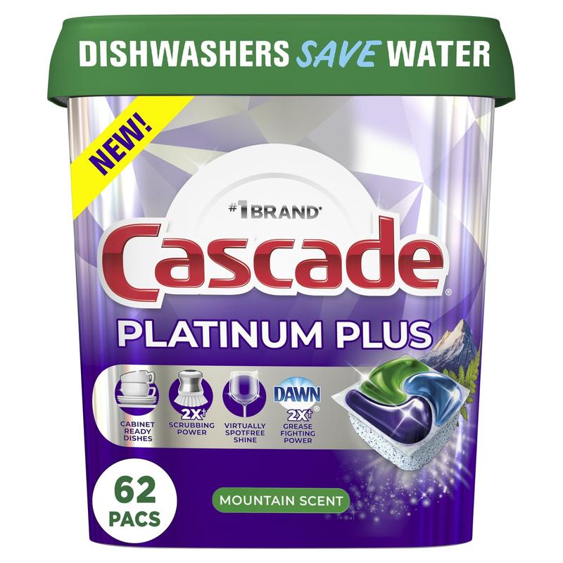 Cascade Platinum Plus Dishwasher Detergent Pacs, Mountain Scent, 62 Count