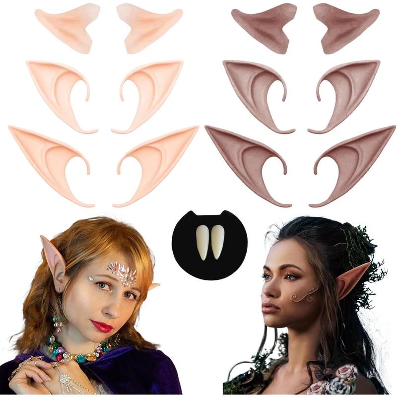 6 Pairs Cosplay Soft Ears Fairy Pixie Elf Ears 3 Size with 3 Pairs Fangs Fake Teeth and Pellets for Halloween Christmas Party Dressup Costume Makeup Costume Accessories Brown