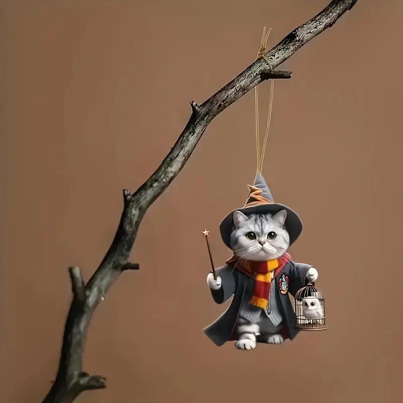 Wizard Cat Hanging Ornament, 1 Count Cute Cat Pendant Decoration with Broom, Fantasy Broom Flying Cat Pendant Decoration for Car and Home Interiors