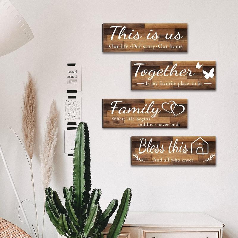 4 Pieces Home Wall Signs, THIS IS US TOGETHER BLESS THIS HOME FAMILY Wall Decor For Living Room Bedroom, Rustic Wooden Farmhouse Wall Art , 4.7 x 13.8 Inch(Brown) Decorative Gift Decorative Gift Hanging Set Entryway Ornaments