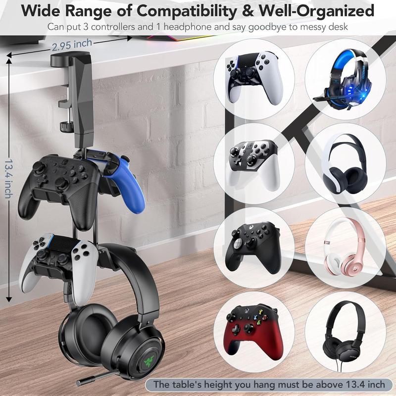 CHRISTMAS SALE:Controller Holder with Headphone Hook Clip Over & Under Desk, 2-Tier Gaming Headset Holder And Controller Stand, Under Desk Headphone Hanger & Game Controller Organizer with Cable Clip & 360° Rotation Racks Hanging