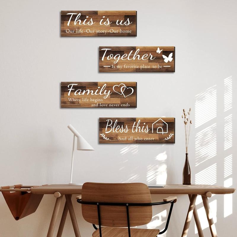 4 Pieces Home Wall Signs, THIS IS US TOGETHER BLESS THIS HOME FAMILY Wall Decor For Living Room Bedroom, Rustic Wooden Farmhouse Wall Art , 4.7 x 13.8 Inch(Brown) Decorative Gift Decorative Gift Hanging Set Entryway Ornaments