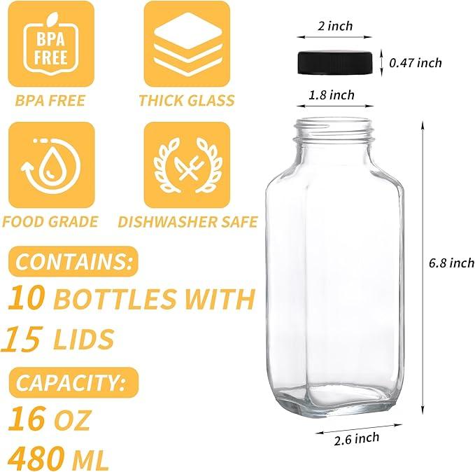 [BLACK FRIDAY DEAL]  10 Pack Glass Juice Bottles with Lids 16 Oz - Clear Glass Bottles with Lids, Juicing Bottles Reusable, Drink Jars Containers for Juicing, Smoothies, Water, Milk, Kombucha Storage, Wellness Shots Organiser Canister Tin