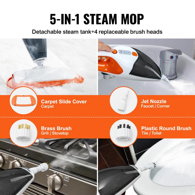 VEVOR Steam Mop, 5-in-1 Hard Wood Floor Cleaner with 4 Replaceable Brush Heads, for Various Hard Floors, Like Ceramic, Granite, Marble, Linoleum, Natural Floor Mop with 2 pcs Machine Washable Pads