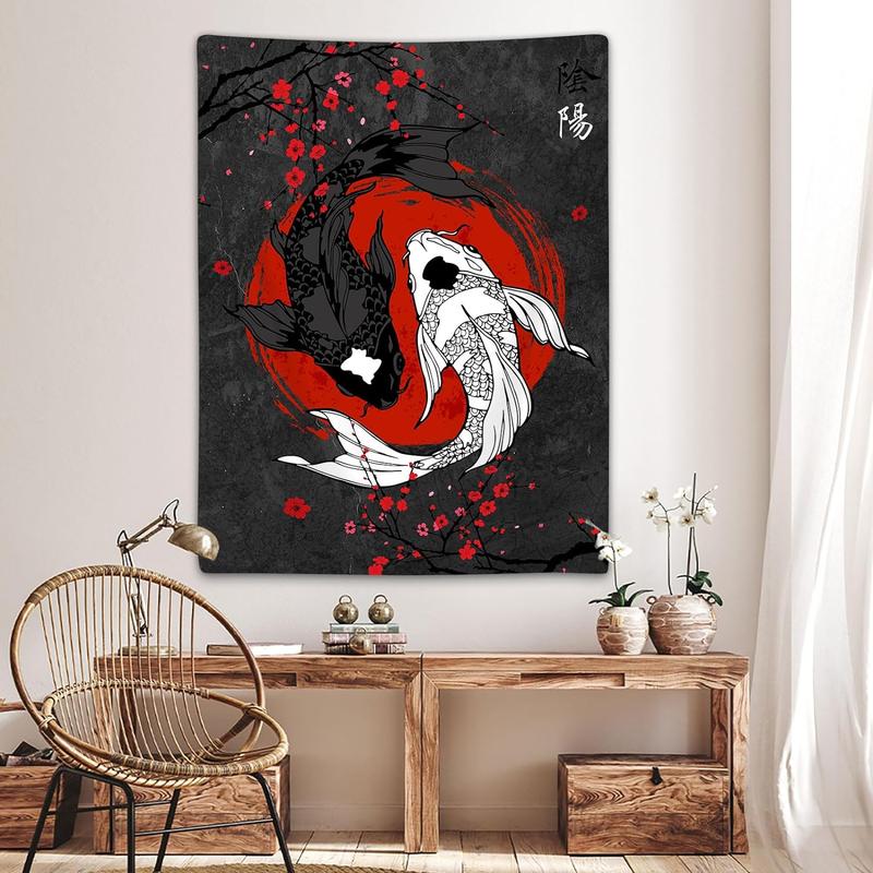 Japanese Yin Yang Koi Fish Tapestry, Cool Red and Black Anime Sakura Art Tapestries Vertical Wall Hanging for Men Bedroom Living Room Office Decor