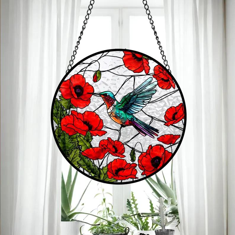 Hummingbird Poppy Flower Stain Glass Suncatcher, Poppy Suncatcher, Christmas Gift, Window Suncatcher, Unique Suncatcher, Love Hummingbird