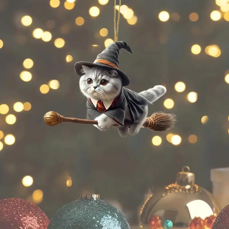 Wizard Cat Hanging Ornament, 1 Count Cute Cat Pendant Decoration with Broom, Fantasy Broom Flying Cat Pendant Decoration for Car and Home Interiors