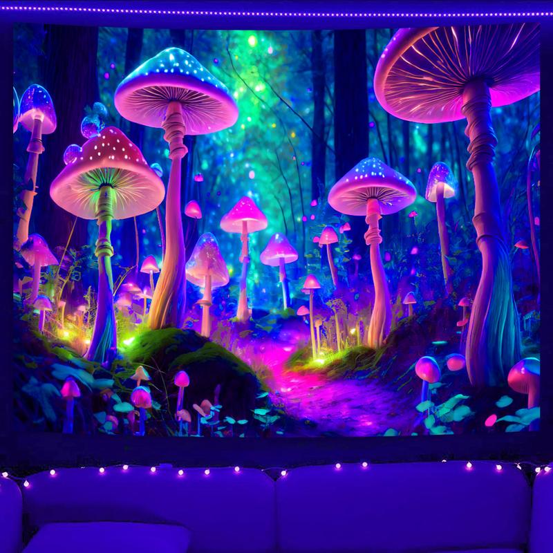 Fantasy Mushroom Tapestry Blacklight Neon Glow Forest Tapestry Wall Hanging Magical Landscape Wall Art for Bedroom