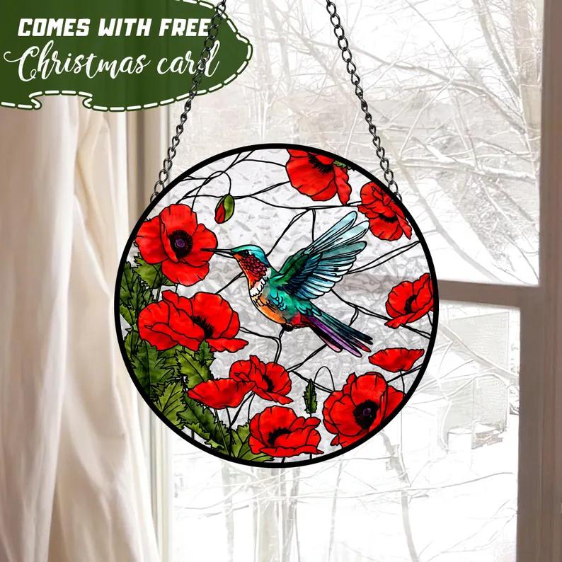 Hummingbird Poppy Flower Stain Glass Suncatcher, Poppy Suncatcher, Christmas Gift, Window Suncatcher, Unique Suncatcher, Love Hummingbird