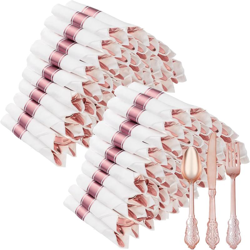 100 Pack Rose  Plastic Silverware with Pre Rolled Napkins for 100 Guests, Heavyweight Rose  Disposable Utensils Sets Includes 300 Plastic Cutlery, and 100 Napkins for Wedding & Party