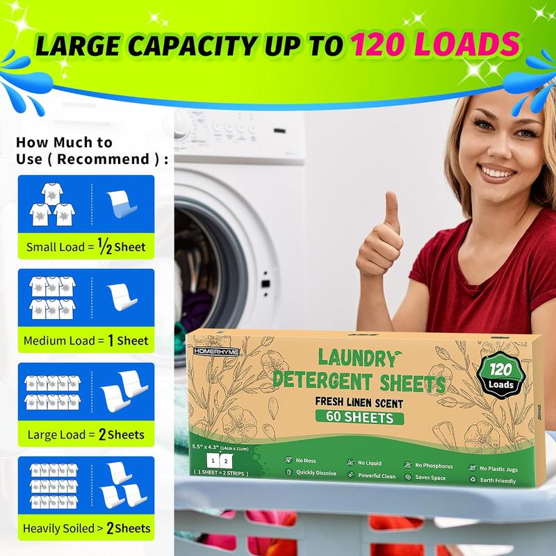 HOMERHYME Laundry Detergent Sheets, Dioxane Free Laundry Detergent, Fresh Linen Scent 120 Loads (60 Sheets), Detergent Zero Waste, Plastic Free Laudry Detergent for Travel,Dorms, Home,Apartments, Laundry Booster, Household Laundrydetergent Soap Sheets