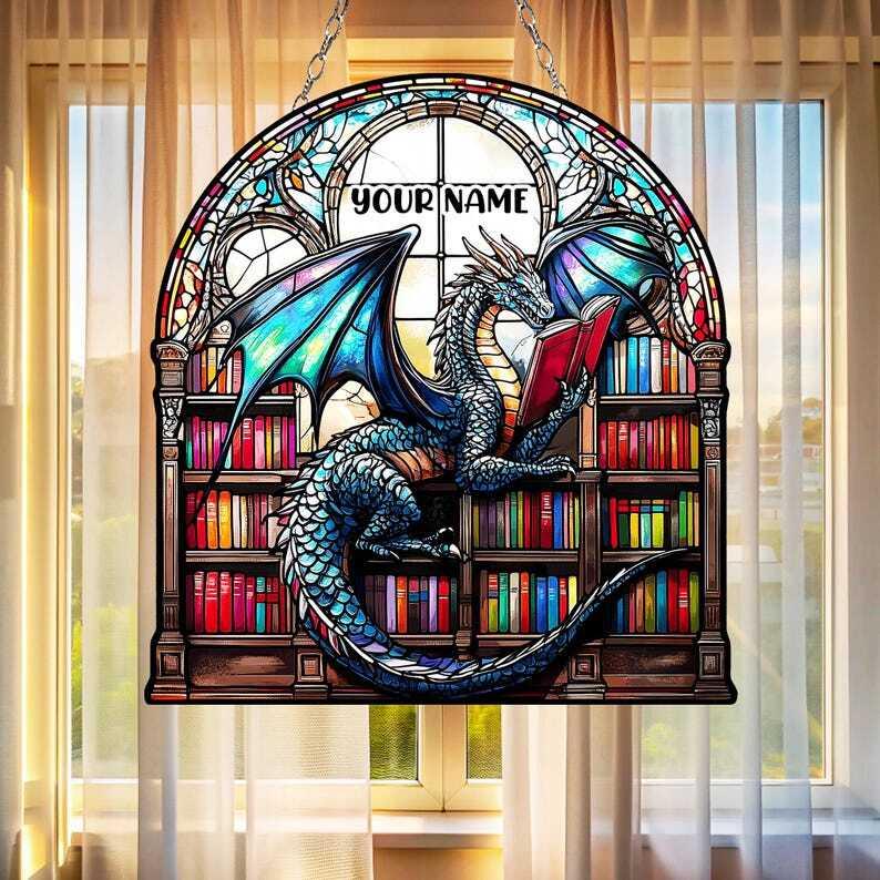 Custom Book Dragon ACRYLIC SUNCATCHER Fantasy Dragon Window Hanging For Bookish Home Decor Librarian Gift Book Lover Gift Christmas Gift