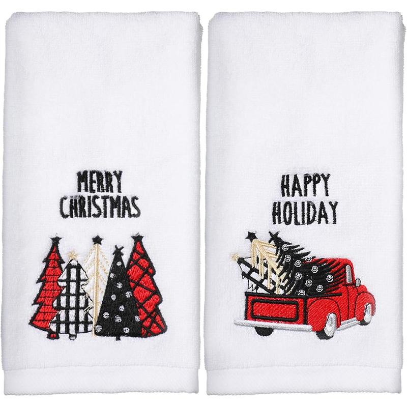 2 Pack Christmas Bath Hand Towels 13.7'' x 29.5'' Cotton Embroidered Red Black Buffalo Plaid Christmas Bathroom Towel Sets Holiday Dish fingertip Towels Decorative for Cleaning Drying Gift