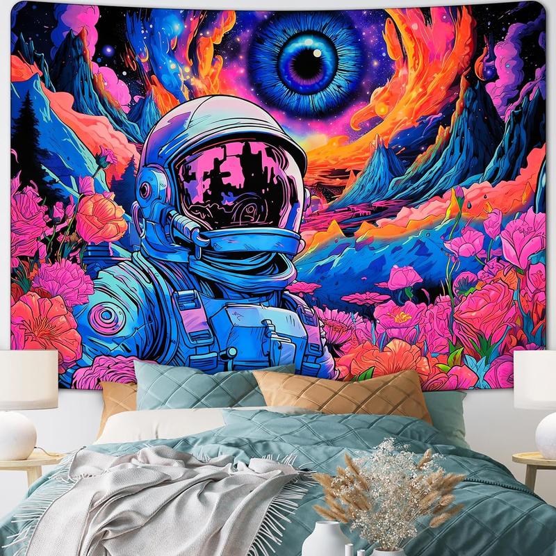 UV Reactive Space Tapestry - Neon Galaxy Astronaut with Flowers Wall Art for Bedroom Decor