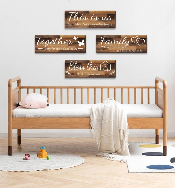 4 Pieces Home Wall Signs, THIS IS US TOGETHER BLESS THIS HOME FAMILY Wall Decor For Living Room Bedroom, Rustic Wooden Farmhouse Wall Art , 4.7 x 13.8 Inch(Brown) Decorative Gift Decorative Gift Hanging Set Entryway Ornaments