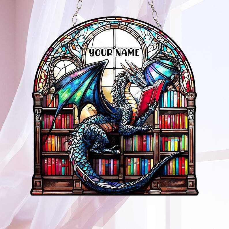 Custom Book Dragon ACRYLIC SUNCATCHER Fantasy Dragon Window Hanging For Bookish Home Decor Librarian Gift Book Lover Gift Christmas Gift