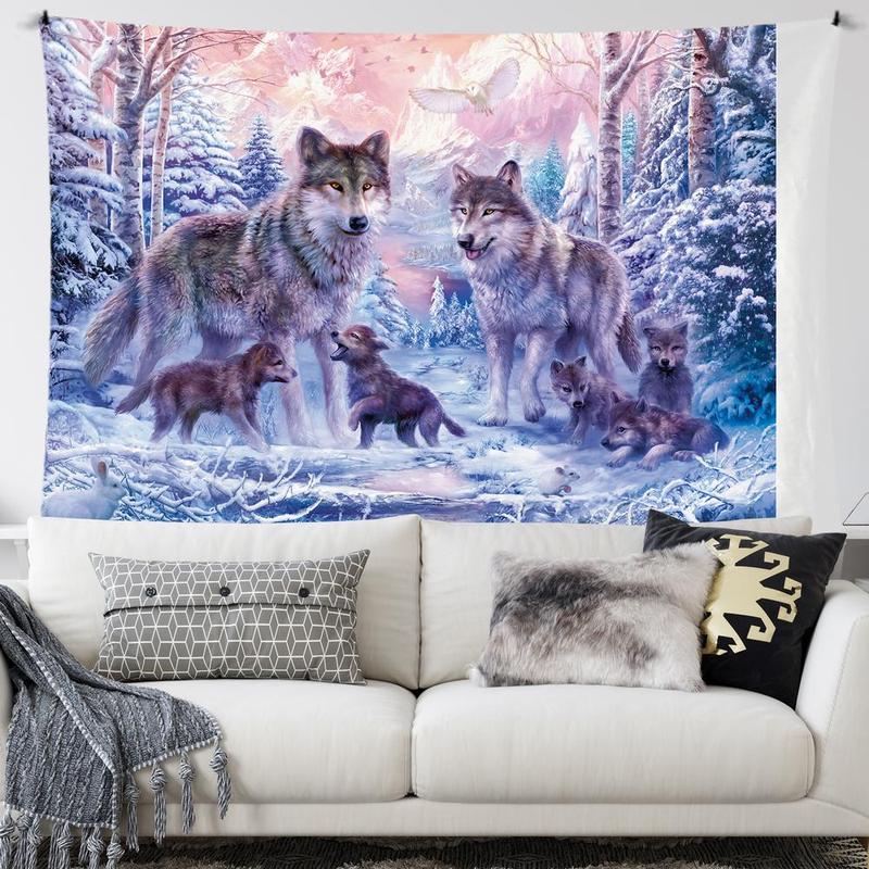 Wolf Family Pattern Tapestry, Creative Wall Decor Tapestry, Wall Hanging Decor for Home Living Room Bedroom University Dormitory