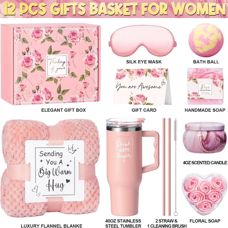 Birthday Gifts for Women Self Care Gifts Get Well Soon Gifts, Rose Relaxing  Gifts Basket Care Package w  Luxury Flannel Blanket 40 oz Tumbler, Christmas Gifts Idea for Mom Her Friends Sister Wife