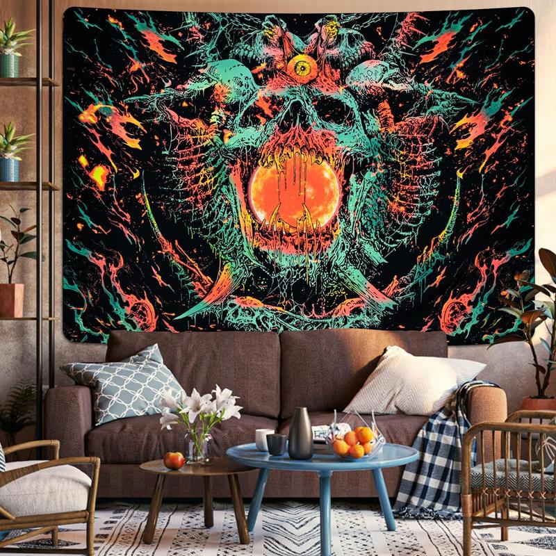 Black Light Decor Skeleton Tapestry | Colorful & Spooky Hippie Gothic Wall Tapestry.