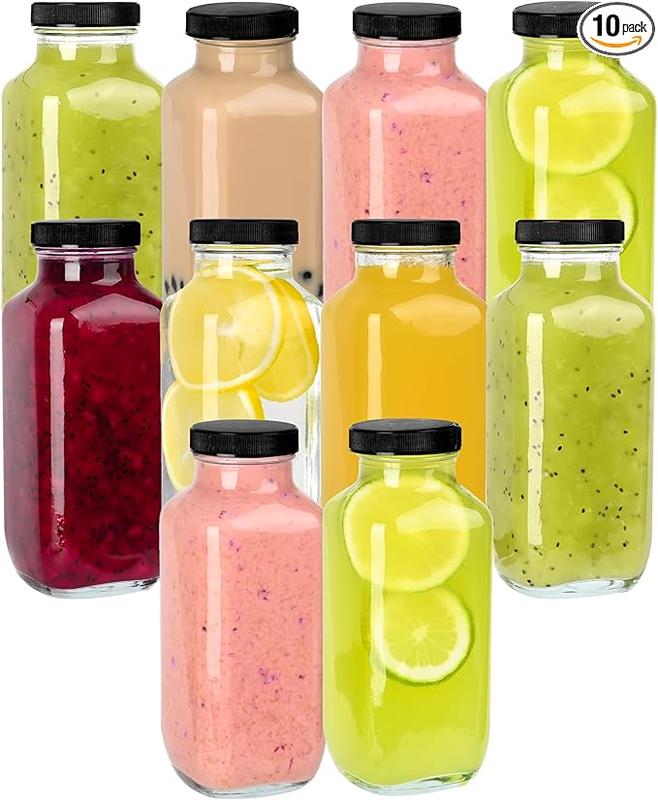 [BLACK FRIDAY DEAL]  10 Pack Glass Juice Bottles with Lids 16 Oz - Clear Glass Bottles with Lids, Juicing Bottles Reusable, Drink Jars Containers for Juicing, Smoothies, Water, Milk, Kombucha Storage, Wellness Shots Organiser Canister Tin