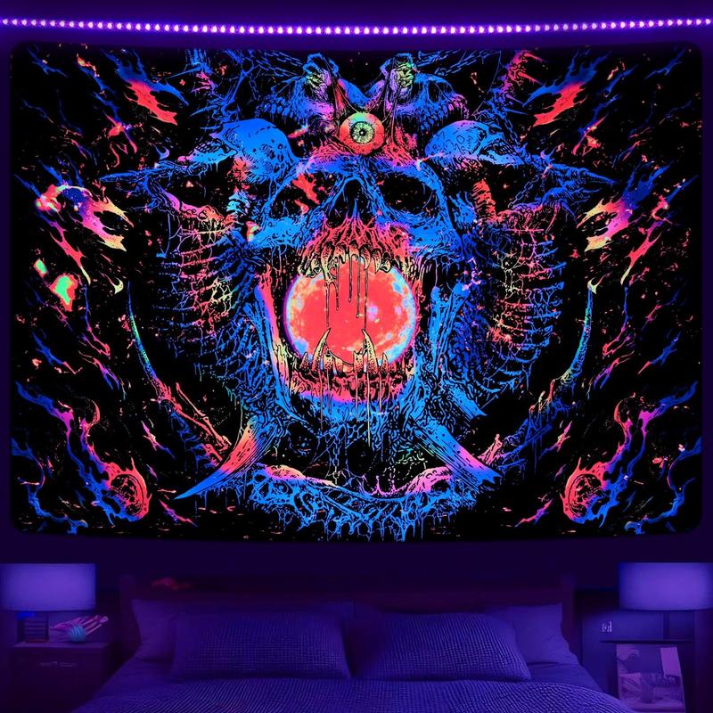 Black Light Decor Skeleton Tapestry | Colorful & Spooky Hippie Gothic Wall Tapestry.