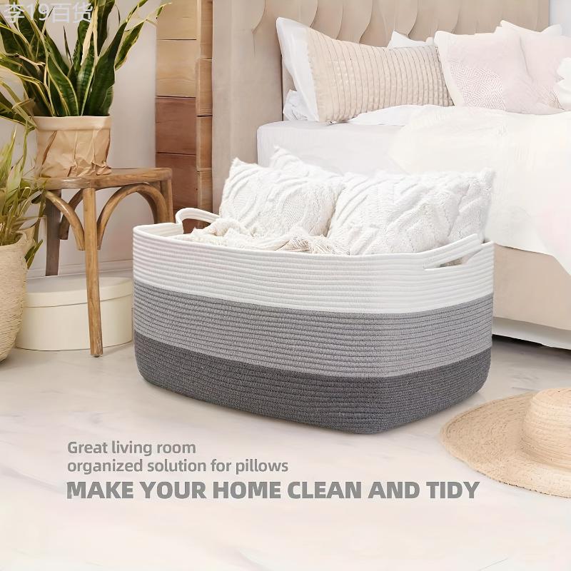 1pc Extra-Large Woven Storage Basket - Durable, Collapsible, and Portable with Handles for Organizing Toys, Laundry, and Blankets in Living Room, Bedroom, and Closet - 18.9