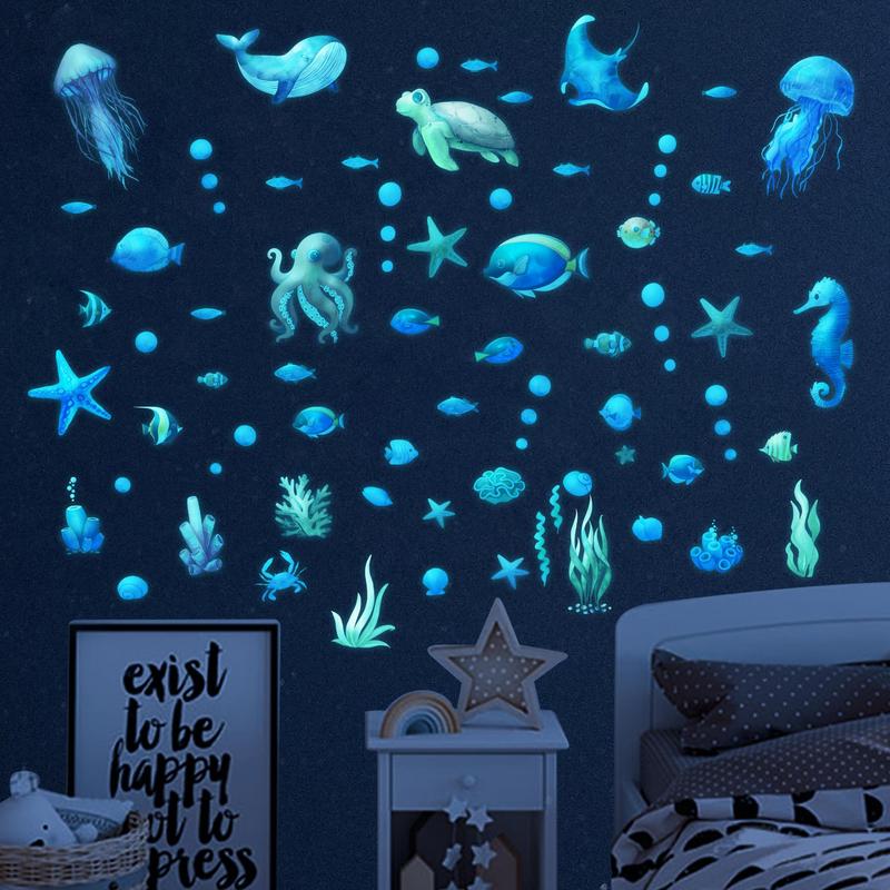 Underwater Animal Pattern Wall Sticker, 1 Set Removable Waterproof Glow-in-the-dark Wall Sticker, Decorative Sticker For Home Bedroom Living Room