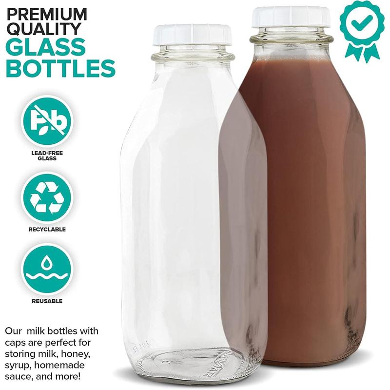 Stock Your Home Liter Glass Milk Bottles (2 Pack) - 32-Oz Milk Jars with Lids - Food Grade Glass Bottles - Dishwasher Safe - Bottles for Milk, Buttermilk, Honey, Maple Syrup, Jam, BBQ Sce