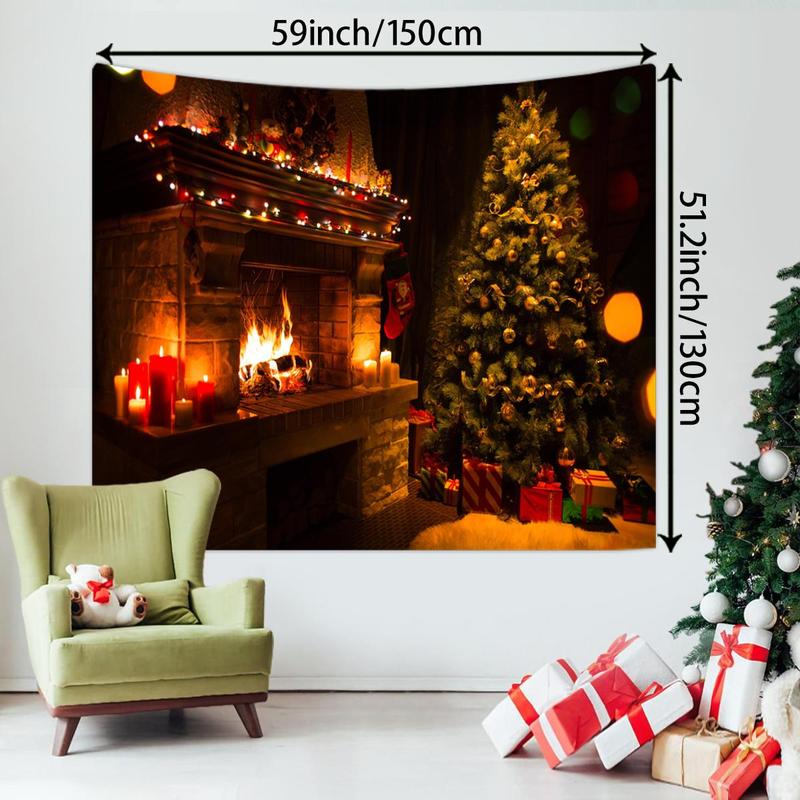 Christmas Themed Tapestry, 1 Count Warm Fireplace Pattern Wall Hanging Decor, Wall Art for Home Living Room Bedroom Study Room