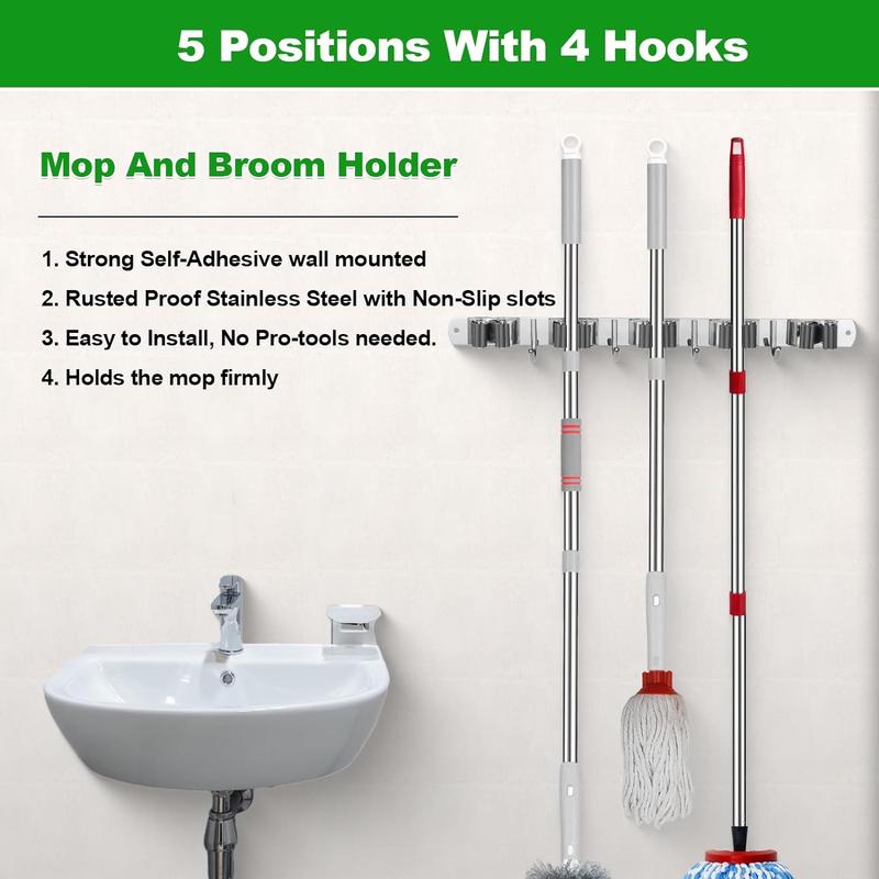 Mop and Broom Holder Hooks Wall Mount, Self Adhesive Heavy Duty Broom Organizer Storage Tool Plastic Stainless Plastic Stainless Steel