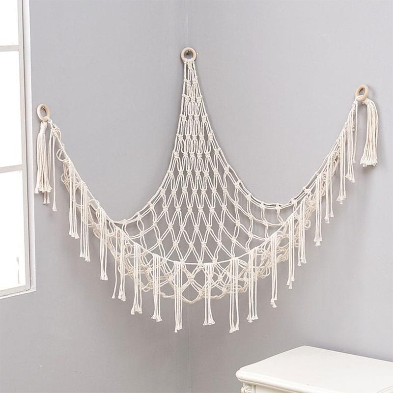 Plush Toy Net, 1 Count Hand-woven Rope Wall Mounted Triangular Toy Storage Corner Basket Organizer, Home Organizer for Living Room Bedroom Dormitory