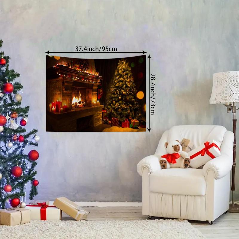 Christmas Themed Tapestry, 1 Count Warm Fireplace Pattern Wall Hanging Decor, Wall Art for Home Living Room Bedroom Study Room