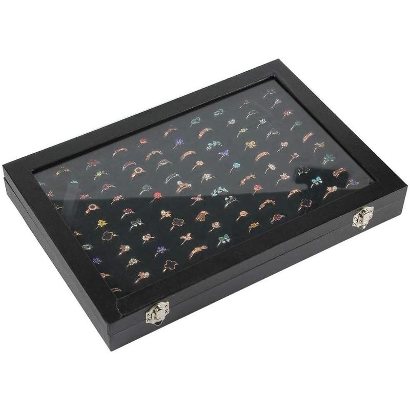 Ring Display Case Organizer Box with Transparent Lid, Ring Holder Showcase For Store Display Show Home, Ring Organizer For Rings, Studs Earrings (100 Slot, Black)