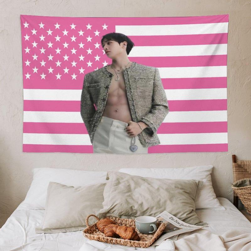 Art Tapestry Actor Star Wall Tapestry Bangchan Pink American Flag Poster Suitable for College Dormitory Bedroom Living Room Office Party Decoration Goods Gift