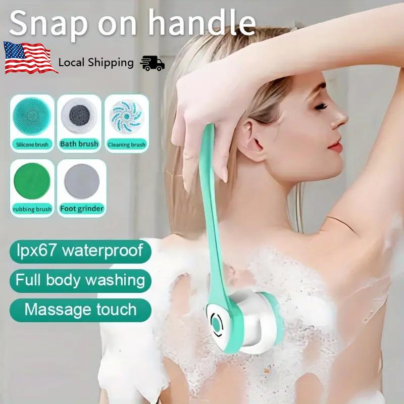 Rechargeable Electric Body Bath Brush with Long Handle and 5 Spin Shower Facial Brush Heads - Waterproof Silicone Body Scrubber for Deep Cleansing and Exfoliating - Ideal for Women and Men