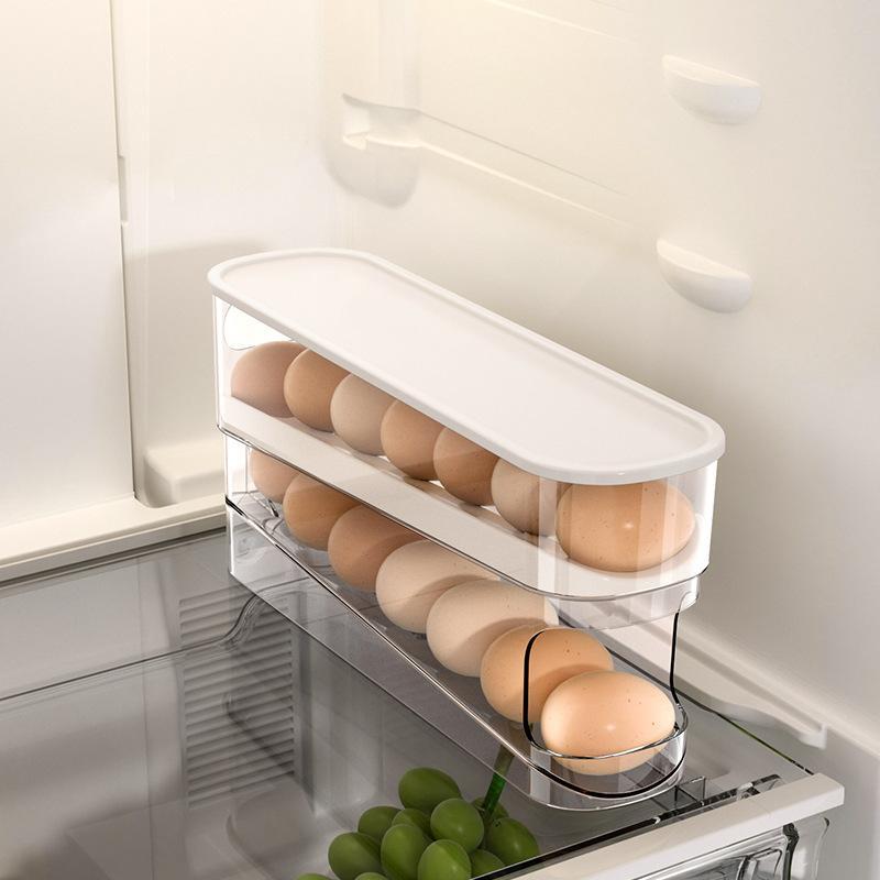 Egg Storage Box, 1 Count Double Layer Automatic Rolling Egg Holder, Space Saving Egg Organizer, Refrigerator Egg Holder, Home Organizer for Kitchen