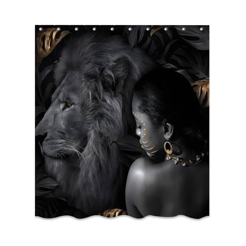 Lion & Girl Pattern Shower Curtain, Waterproof Bathroom Curtain with 12pcs Hooks, Bathroom Supplies for Home Decor