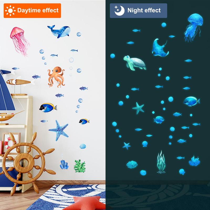 Underwater Animal Pattern Wall Sticker, 1 Set Removable Waterproof Glow-in-the-dark Wall Sticker, Decorative Sticker For Home Bedroom Living Room