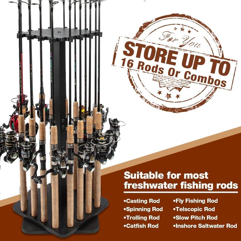 Fishing Rod Holders for Garage 360 Degree Rotating Fishing Pole Rack, Floor Stand Holds up to 16 Rods  Fishing Gear Equipment Storage Organizer, Fishing Gifts for Men