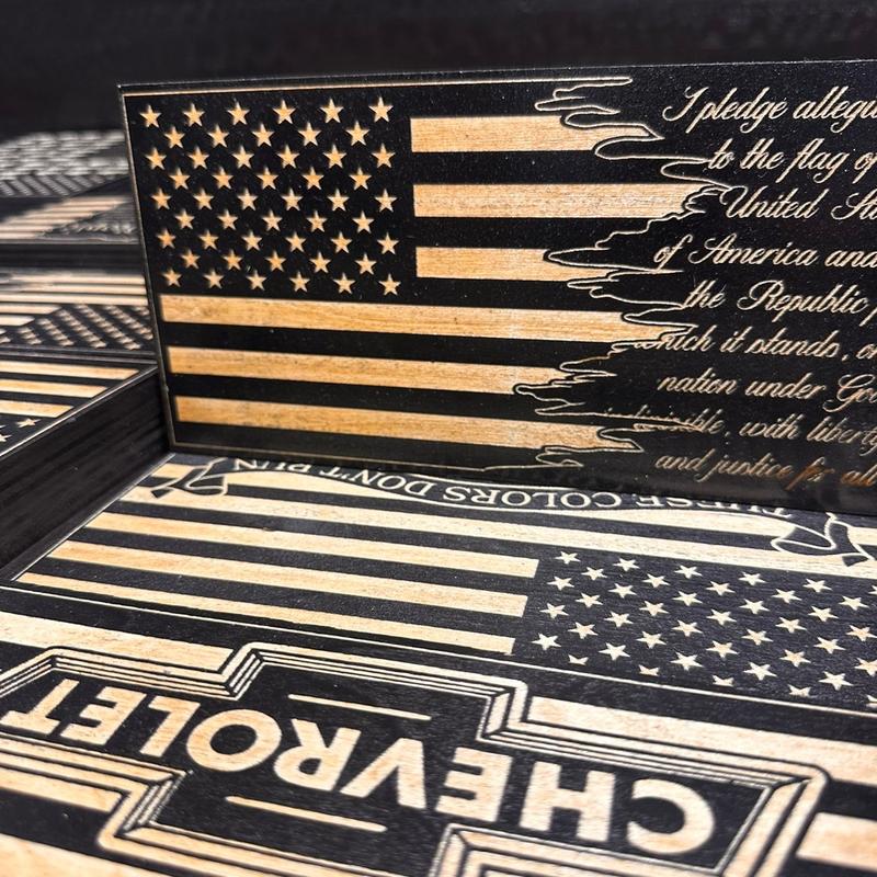 Wood engraved sign American flag with pledge Decor