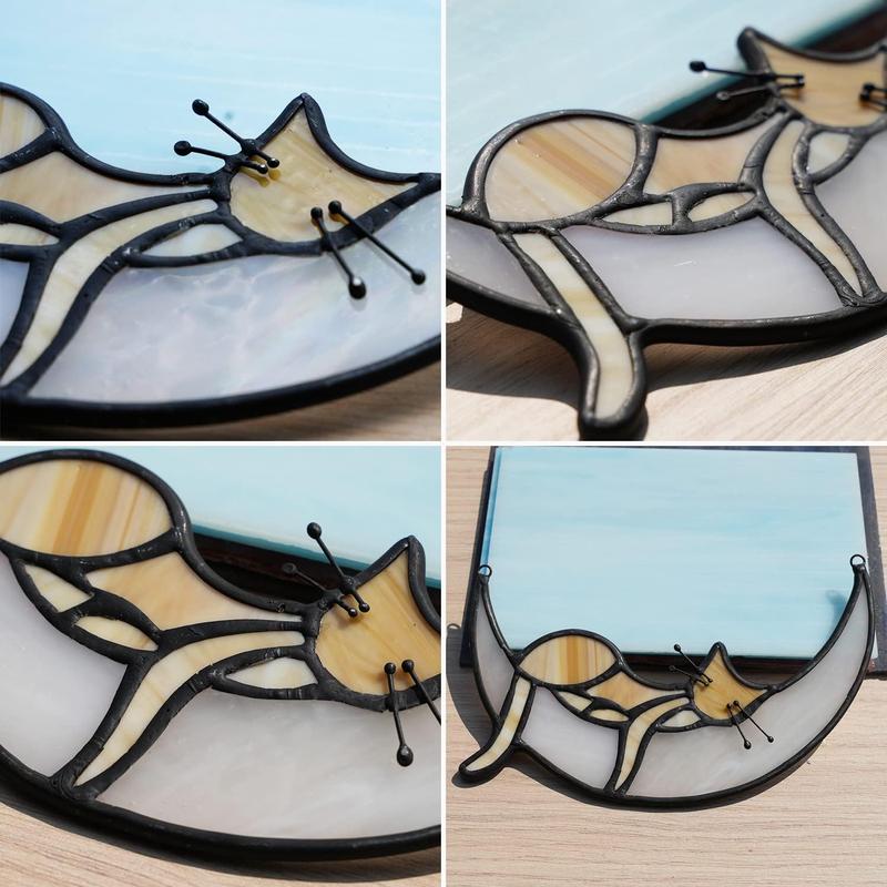 Sleeping Cat Stained Glass Windown Hanging,Yellow Cat on Moon Beautiful Handcrafted Sun Catcher Gifts for Daughter,Mothers Day,Christmas and Cat Lover