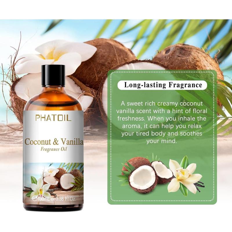 3.38FL.OZ Coconut & Vanilla Fragrance Oils for Aromatherapy, Essential Oils for Diffusers for Home, Perfect for Diffuser, Yoga, DIY Candle and Soap Making - 100ml