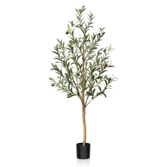 4 feet Artificial Olive Tree Indoor, Tall Faux Olive Tree in Black Plastic Pot, Artificial Plants with Natural Decorative Fruit Ornaments