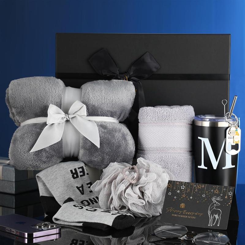 7 count Initial Thanksgiving Gifts for Men Get Well Soon Gift Basket Monogram Box Gift Set for Him Husband Boyfriend Dad Groomsman Coworker Retirement Birthday Christmas Tumbler Gift Set(M)