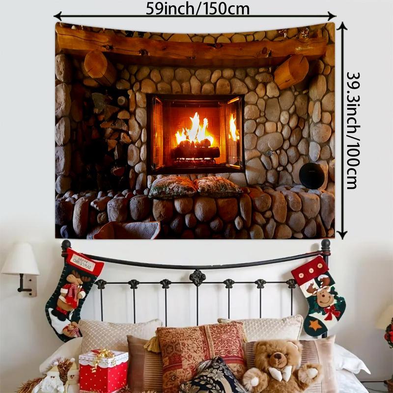 Christmas Themed Tapestry, 1 Count Warm Fireplace Pattern Wall Hanging Decor, Wall Art for Home Living Room Bedroom Study Room